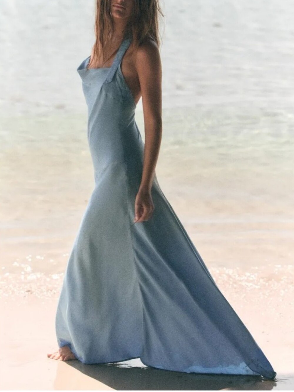 Zara Asymmetric TRF Elegant Halter Neck Flowy Denim Resorwear Maxi Dress Sz-S